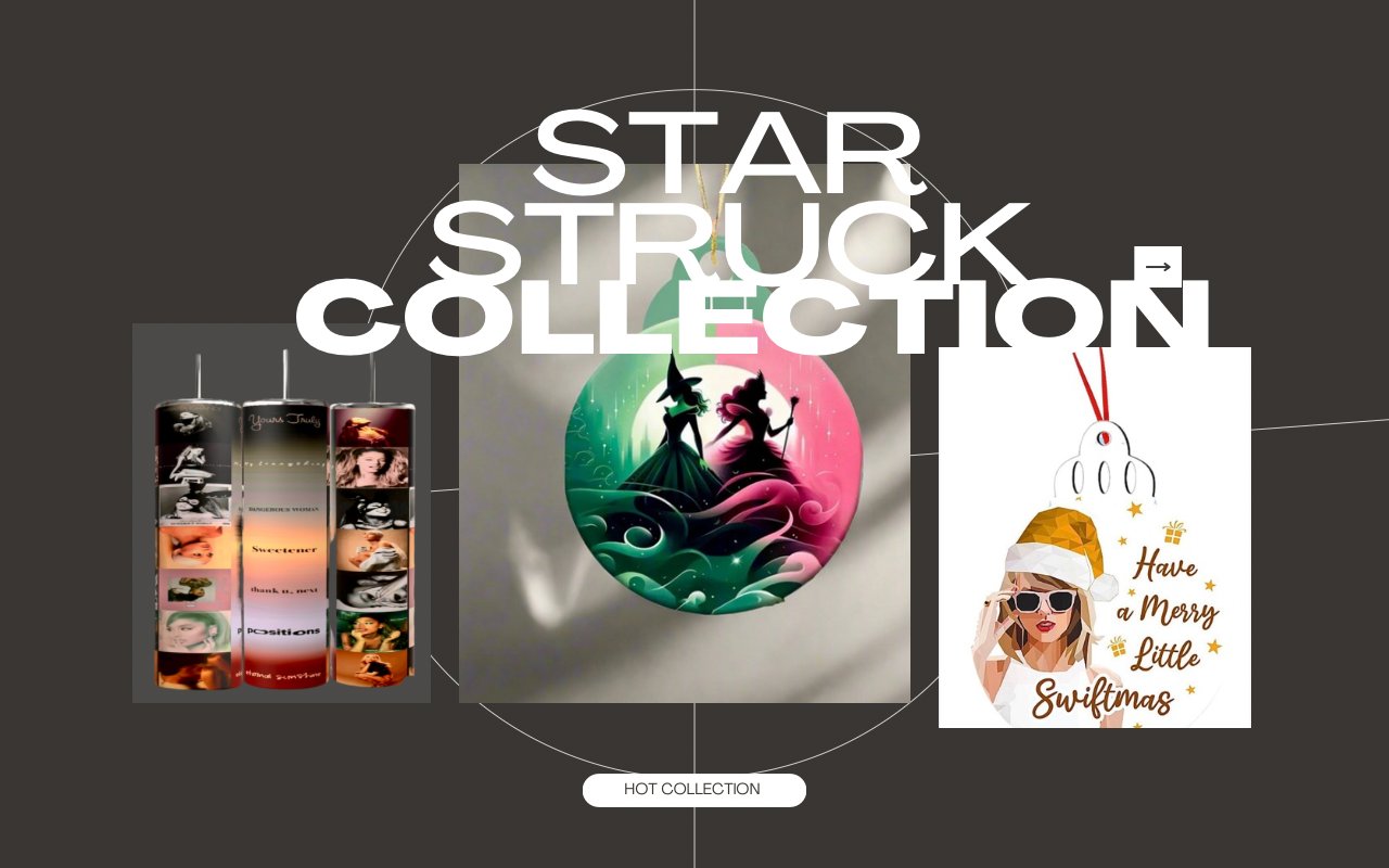 A graphic showcasing the "Star Struck Collection" with various images: a carousel of six images on the left, a central illustration of a witch and moon, and a festive design with sunglasses and text on the right.