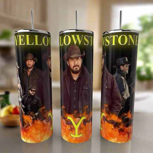 The Yellowstone 20oz Tumblers by Kreative Kreationz showcase a rugged man in a cowboy hat and coat, surrounded by flames with "YELLOWSTONE" emblazoned. Each stainless steel tumbler highlights a unique pose against a rustic, blurred backdrop, ideal for eco-conscious adventurers.