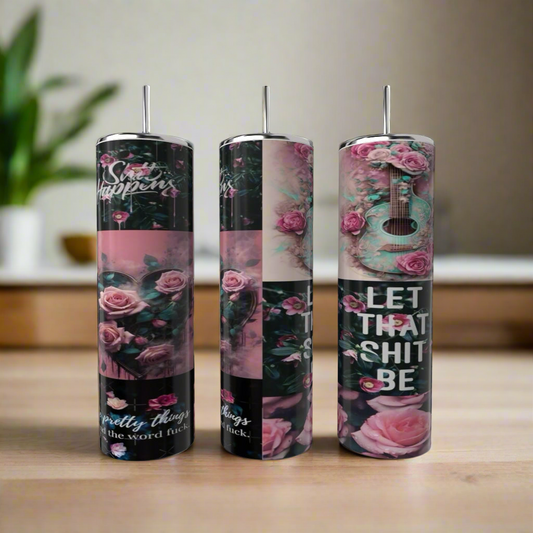 Three eco-friendly, reusable 20oz stainless steel Strong Woman tumblers by Kreative Kreationz feature pink rose and floral designs, bold inspirational phrases, and a luxury-inspired look against a blurred wooden and plant backdrop.