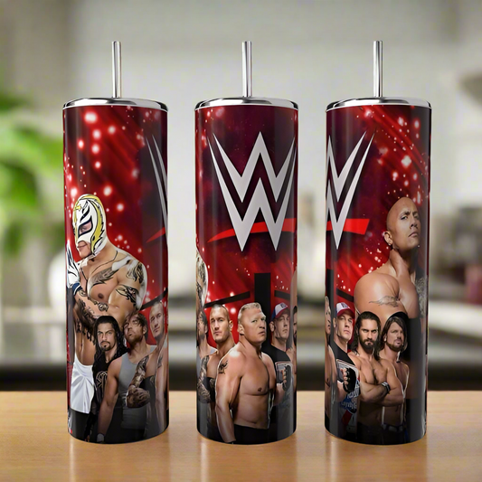 Three Kreative Kreationz WWF 20oz Tumblers featuring WWE superstars and the WWE logo are displayed on a wooden surface with star and red light accents, highlighting this eco-friendly drinkware.