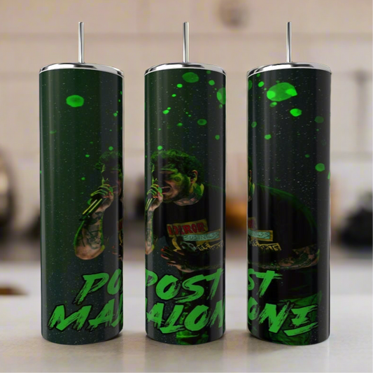 Three tall, cylindrical stainless steel Post Malone Tumblers by Kreative Kreationz boast a luxury-inspired design with green splatter art and bold "Post Malone" text. The central tumbler has a close-up of someone holding a microphone, ideal for style-conscious fans seeking durability.