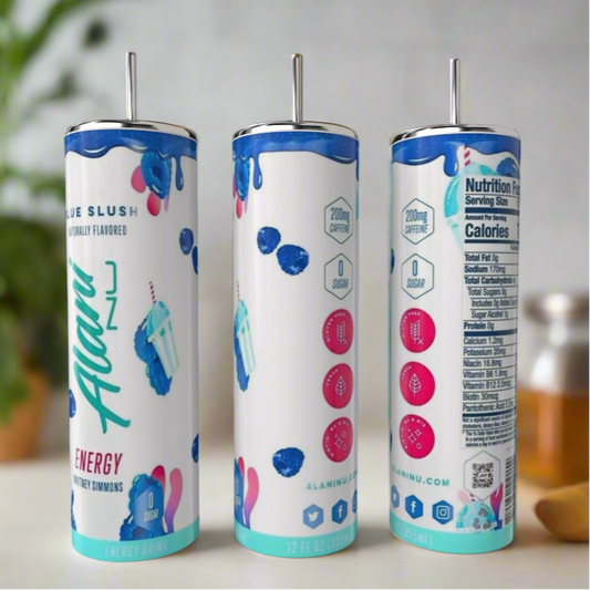 Three cylindrical tumblers with straws are shown, featuring a blue and pink "Blue Slush" design. Each is the Alani 20oz Silver Stainless Steel Tumbler by Kreative Kreationz, with visible nutrition facts label and a sturdy, durable build.