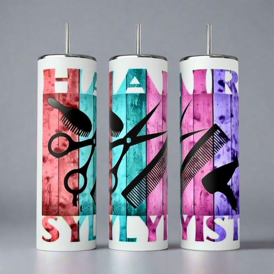 Explore the eco-friendly, 20oz Hairstylist White Tumbler by Kreative Kreationz, featuring three chic designs with pink, teal, or purple backgrounds. Each design includes black silhouettes of styling tools and "HAIR STYLIST" elegantly displayed across its stainless steel surface.