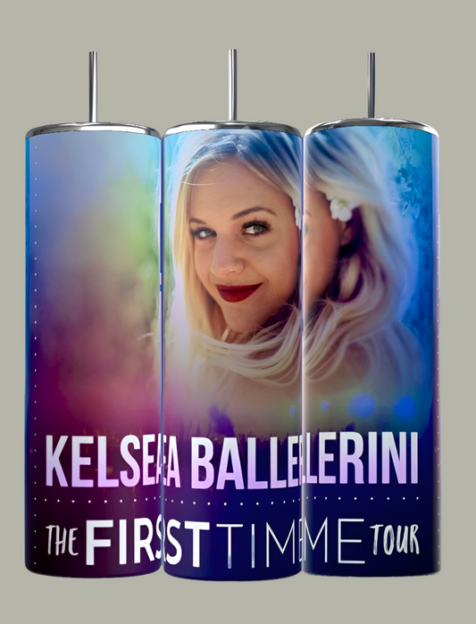 Three stainless steel Kreative Kreationz tumblers showcase a portrait of smiling, blonde-haired Kelsea Ballerini with red lipstick. "Kelsea Ballerini The First Time Tour" is displayed against a purple and blue background, highlighting these eco-friendly 20oz drinkware pieces.