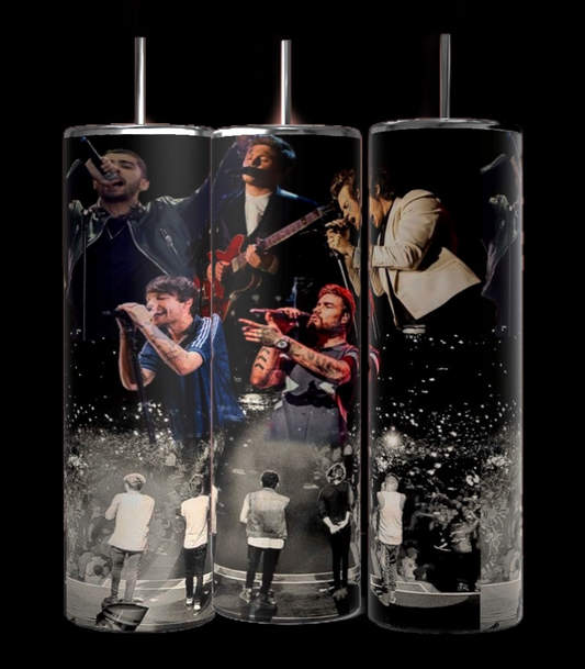 The Kreative Kreationz One Direction Collage 20oz Stainless Steel Tumbler features all five band members on stage with microphones and guitars, set against a lively concert crowd—perfect for any One Direction fan seeking a stylish reusable drinkware option.