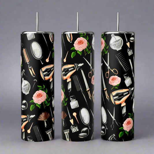 Kreative Kreationz's Hairstylist 20oz Tumblers, with elegant black backgrounds, featuring pink roses, green leaves, and chic patterns of scissors, combs, hair dryers, brushes, and mirrors for a vibrant touch.