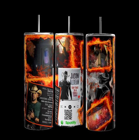 Kreative Kreationz offers three stainless steel tumblers with fiery musical artist designs. The Jason Aldean 20oz Tumbler features unique artist photos and text, plus an eco-friendly QR code with a Spotify logo on one tumbler.