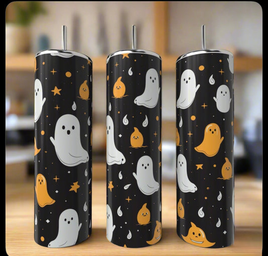The Kreative Kreationz Ghosts 20oz Tumblers feature cute white and orange ghost designs with stars and sparkles on black backgrounds. Each stainless steel tumbler is shown indoors against a blurred backdrop.