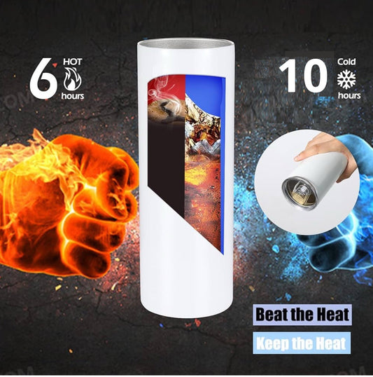 The FENDI Rose 20oz Skinny Tumbler by Kreative Kreationz features fire and ice graphics, keeps drinks hot for 6 hours and cold for 10, and displays “Beat the Heat” & “Keep the Heat”—luxury, eco-friendly drinkware for every season.