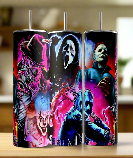 The "Horror Stars 20oz Tumbler" by Kreative Kreationz showcases vibrant, stylized artwork of horror movie icons and scenes, featuring masked slashers and iconic characters against bold backgrounds.
