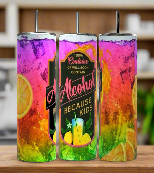 The Kreative Kreationz "Because I Have Kids" 20oz tumblers feature a rainbow ombre design with fruit slices, ice cubes, and a playful label against blurred kitchen shelves.