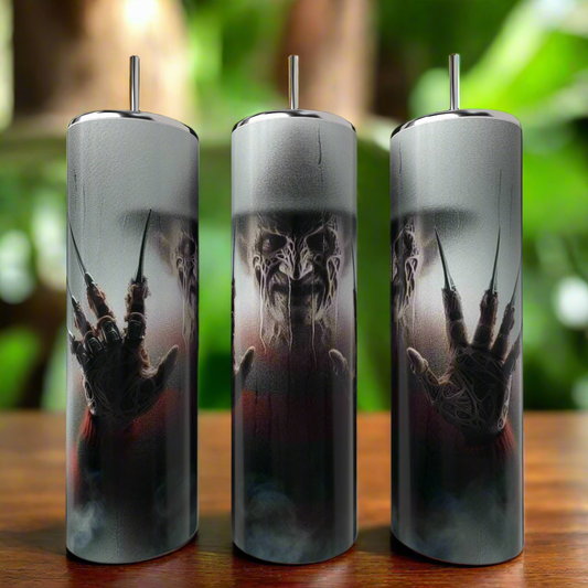 Three Kreative Kreationz Freddy Krueger 20oz Tumblers feature a dark, eerie design with a sinister figure showing clawed hands and a menacing face, set against a blurred natural background.