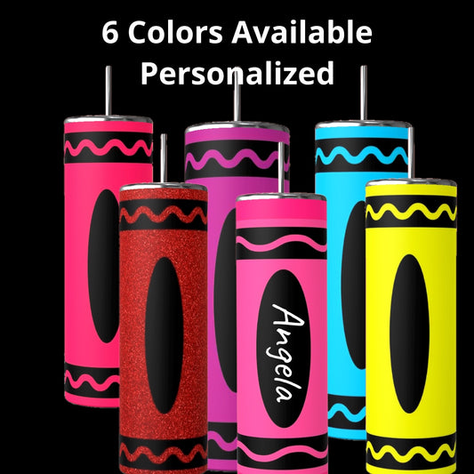 Six Kreative Kreationz Custom Name 20oz Tumblers in pink, red glitter, purple, blue, yellow, and hot pink with black lids. Personalize each tumbler—one shows “Angela.” Top text: “6 Colors Available Personalized.”.