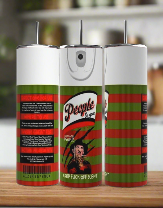 The Freddy Krueger Be Gone Spray Halloween Series 20oz Tumbler from Kreative Kreationz features a red and green striped design, perfect for your spooky drinkware collection this Halloween.