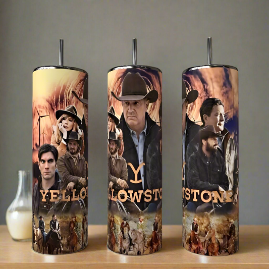 The Kreative Kreationz Collage 20oz Tumbler features luxury drinkware with characters, cowboys, and a ranch scene. Each eco-friendly tumbler sits on wood with a small candle in the background.