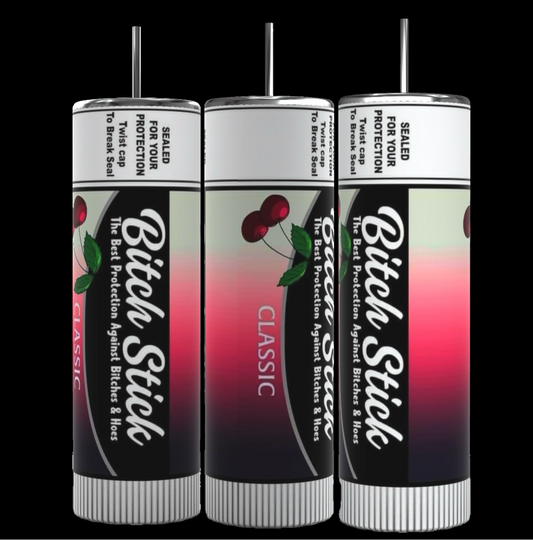 Three cylindrical 20oz tumblers labeled "Chap Stick Spray" by Kreative Kreationz with cherries and playful text on gradient pink-black backgrounds, sealed tops, and straws—ideal reusable luxury drinkware with a humorous twist.