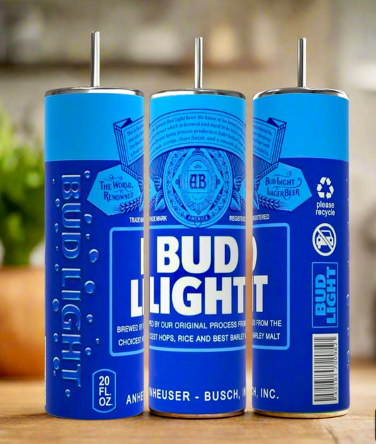 Three Kreative Kreationz Bud Light 20oz stainless steel tumblers sit side by side on a wooden surface, each featuring the iconic blue Bud Light can label and branding.
