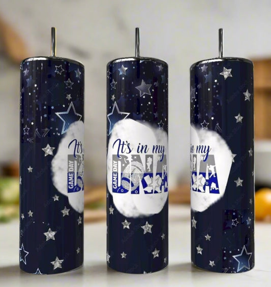The Kreative Kreationz Game Day DNA 20oz Tumblers, in tall dark blue stainless steel with silver lids and straws, feature stars, sports icons, and “It’s in my DNA” and “Game Day”—a perfect reusable gift for any sports fan.