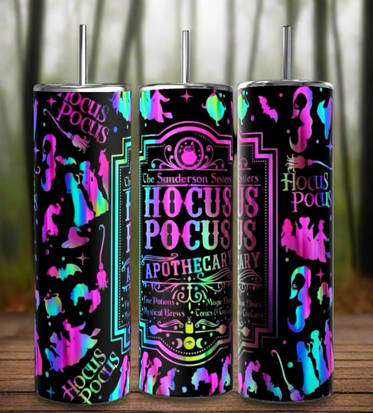 Three tall Kreative Kreationz Apothecary GLOW IN THE DARK 20oz Tumblers with metal straws feature neon Halloween graphics and "Hocus Pocus Apothecary" text, popping against a black backdrop with purple, blue, and green accents.