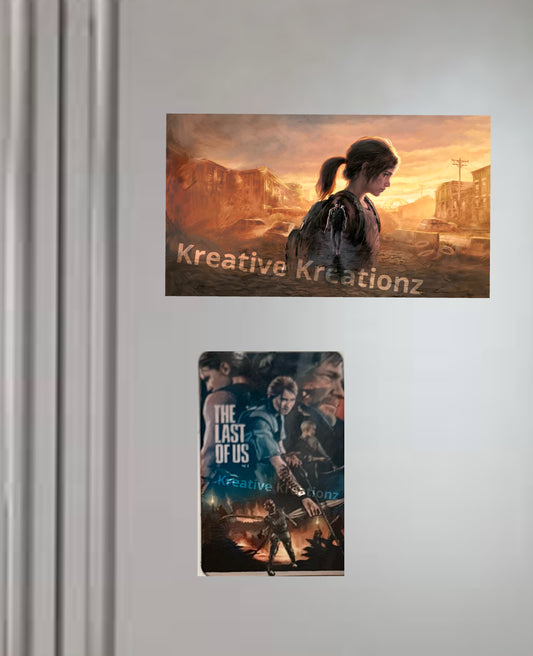 Show off your love for "The Last of Us" with this shimmer fridge magnet by Kreative Kreationz, featuring illustrated characters in a post-apocalyptic style—an ideal collectible for any gaming fan!.