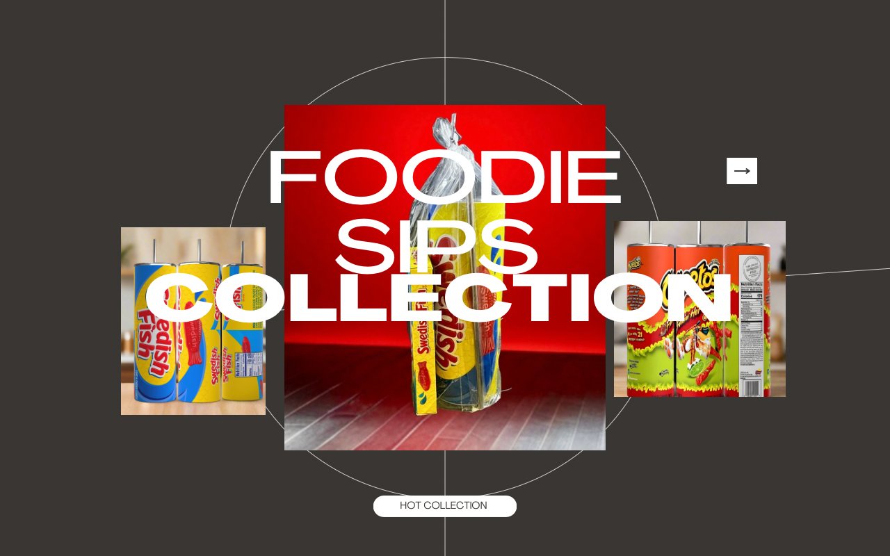 A promotional image featuring a variety of juice boxes with bold, colorful packaging against a dark background. The text "Foodie Sips Collection" is prominently displayed.