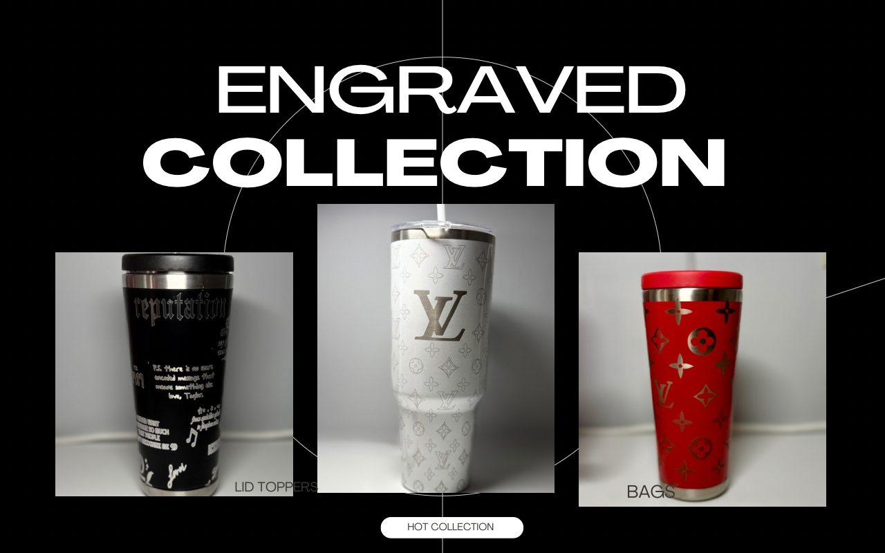 Three engraved tumblers are displayed side by side on a black background labeled "Engraved Collection." The tumblers feature intricate designs in black, white, and red colors.