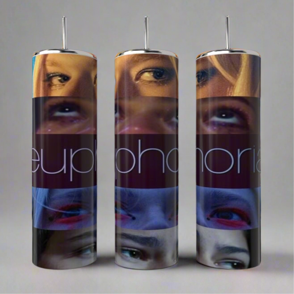 The Euphoria 20oz Tumbler by Kreative Kreationz showcases luxury with eye close-ups and "euphoria" on its surface. Each cylindrical design exudes sophistication, set against a light gray background, crafted from eco-friendly materials.