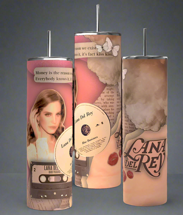 A set of three tall, eco-friendly "Lana Del RayTumbler" by Kreative Kreationz, each featuring musical-themed stainless steel designs with vinyl records, a cassette tape labeled "Lana Del Rey," butterflies, clouds, and text about money and music.