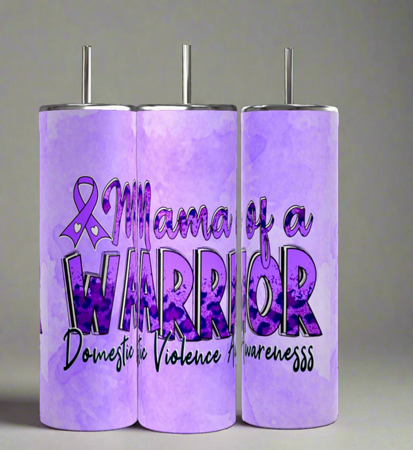 The Kreative Kreationz Domestic Violence Awareness Tumbler set includes three stainless steel cups with a light purple watercolor design, each featuring a purple ribbon and "Mama of a Warrior" text.