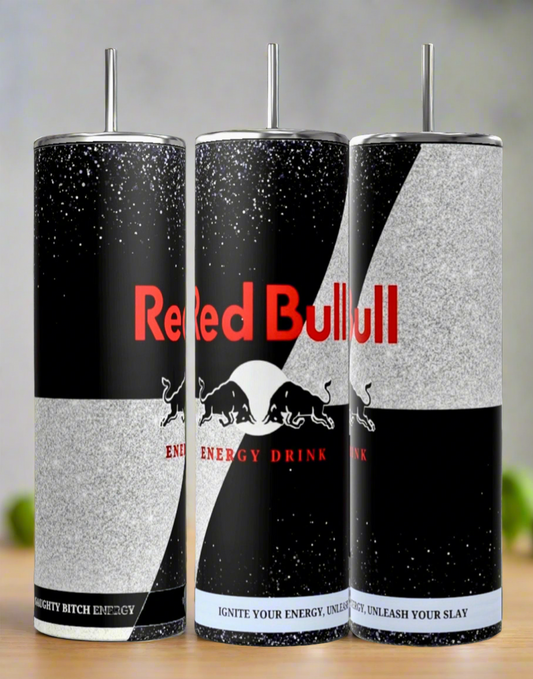 Three tall 20oz Black Edition Tumblers by Kreative Kreationz feature black, white, and gray designs inspired by Red Bull, metal straws, and slogans “Naughty Bitch Energy” & “Ignite Your Energy, Unleash Your Slay.”.