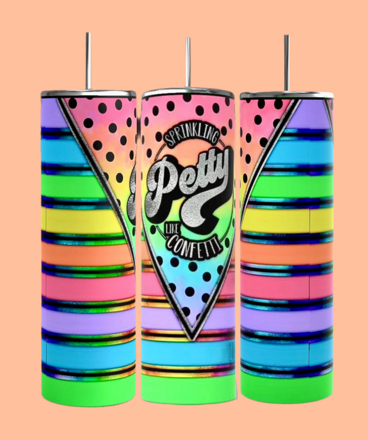 Three eco-friendly Kreative Kreationz tumblers feature vibrant neon stripes and polka dots. The center 20oz stainless steel tumbler displays a "Petty Like Confetti" triangle. All set against a solid peach background.