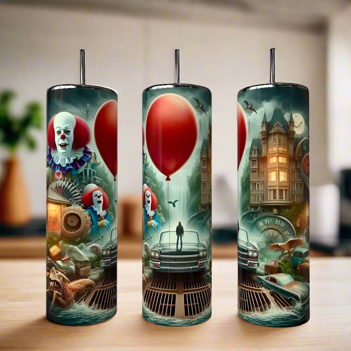 Kreative Kreationz’s IT | Red Balloon Tumblers (20oz) feature three eerie designs inspired by "It," with red balloons, a creepy clown, haunted house, vintage cars, and a sewer scene in a foggy background.