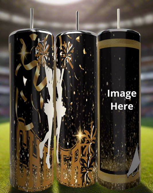 Set of three Kreative Kreationz Cheer 20oz Tumblers in black and gold with cheerleader, confetti, pom-poms, and "CHEER." One tumbler features a customizable area labeled "Image Here" to personalize your stainless steel tumbler.