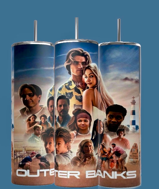 The OBX - Beach - 20oz Tumbler by Kreative Kreationz features a collage of Outer Banks scenes and characters, with a lighthouse, beach, group shots, and the series title—perfect reusable drinkware for fans.