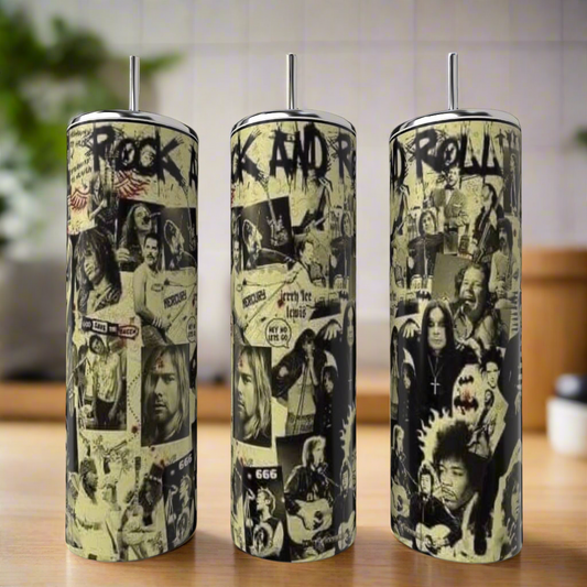 The Kreative Kreationz Ozzie Osborne 20oz Skinny Tumbler features collage-style designs with famous rock musicians, musical notes, and rock and roll text, shown on a kitchen counter with a blurred background.