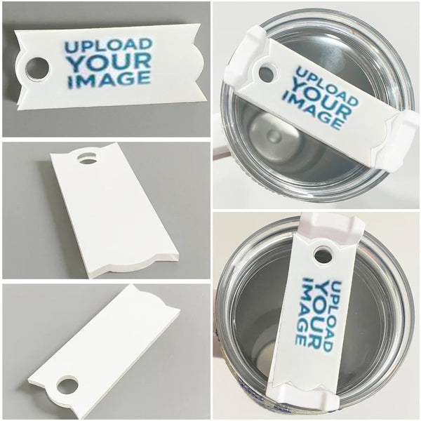 Collage of images showcasing the Customized Stanley Lid Topper by Kreative Kreationz, a customizable white tag with a circular hole. Perfect for personalizing your tumbler, it features "Upload Your Image" in blue text and is displayed flat and on a silver metal surface.