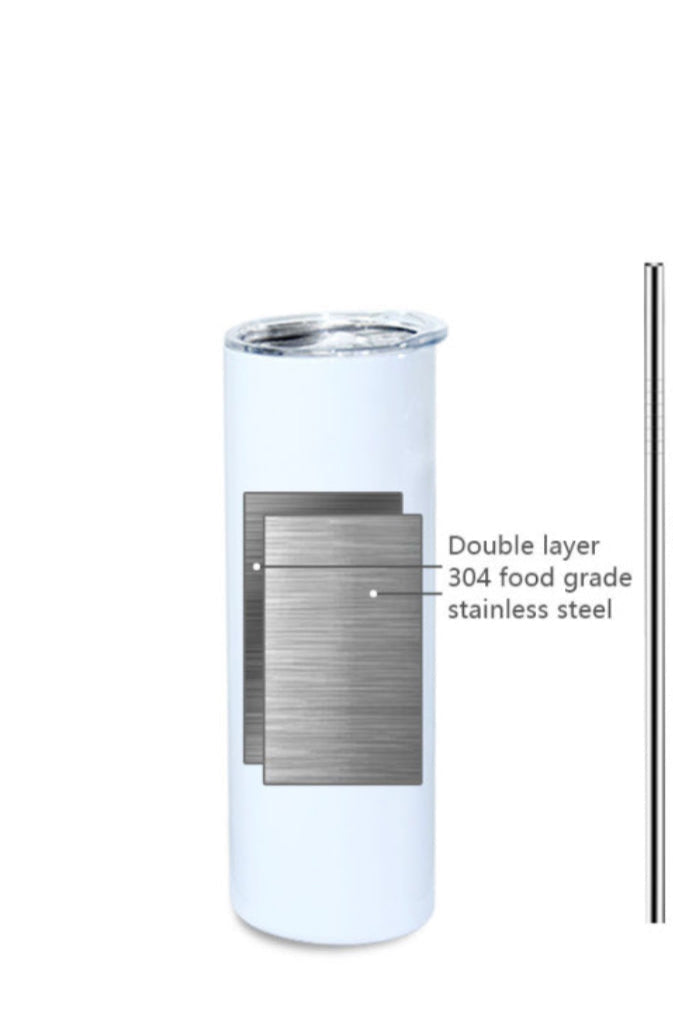 Three tall, slim green cans of Sprite are displayed against a black background. Each can features the Sprite logo, a lemon-lime design, and information such as 140 calories per can, "Please Recycle," and "100% Natural Flavors." Beside them sits the Sprite 20oz Skinny Tumbler with Lid and Reusable Straw by Kreative Kreationz.