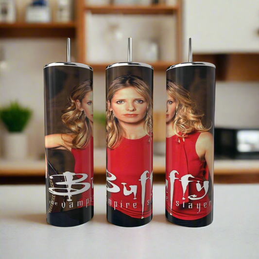 Three eco-friendly stainless steel tumblers, each featuring an image of a woman with blond hair in a red top against a blurred kitchen background. They proudly display "Buffy The Vampire Slayer 20oz Tumbler" and are from the brand Kreative Kreationz.