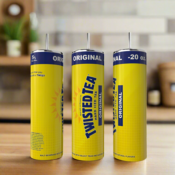 Three tall cans of Twisted Tea Original Hard Iced Tea sit on a wooden surface with a blurred kitchen background. Enjoy your drink with the eco-friendly Kreative Kreationz Twisted Tea 20oz Tumbler.