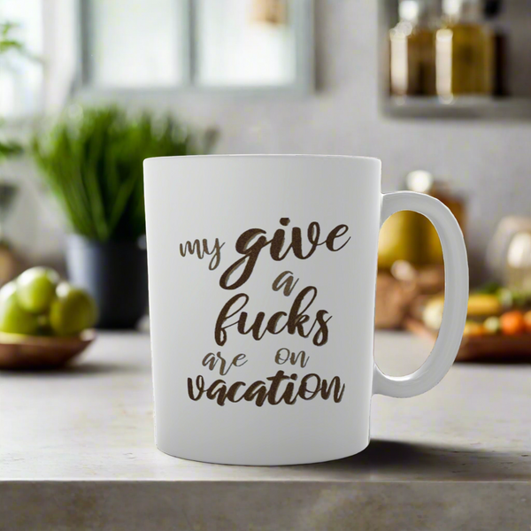 The Kreative Kreationz Sabrina Carpenter Ceramic Fucks Mug, featuring "my give a fucks are on vacation" in stylish script, adds durability and fun to your kitchen—ideal for daily routines of any Sabrina Carpenter fan.