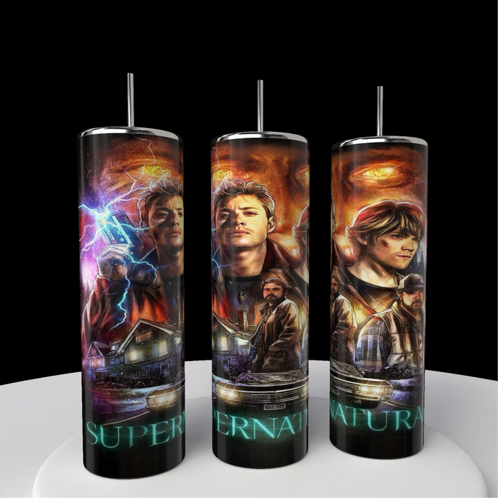 The Supernatural 20oz Skinny Tumbler by Kreative Kreationz features vibrant portraits, lightning, houses, cars, and “SUPERNATURAL” across the bottom—ideal eco-friendly drinkware for any fan.