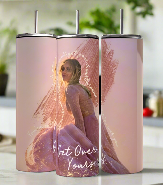 Three Kelsey Ballerini Over Yourself 20oz tumblers by Kreative Kreationz are shown. Each pink insulated stainless steel tumbler features a woman in a pink dress and "Get Over Yourself" on artistic brushstroke backgrounds, with included metal straws.