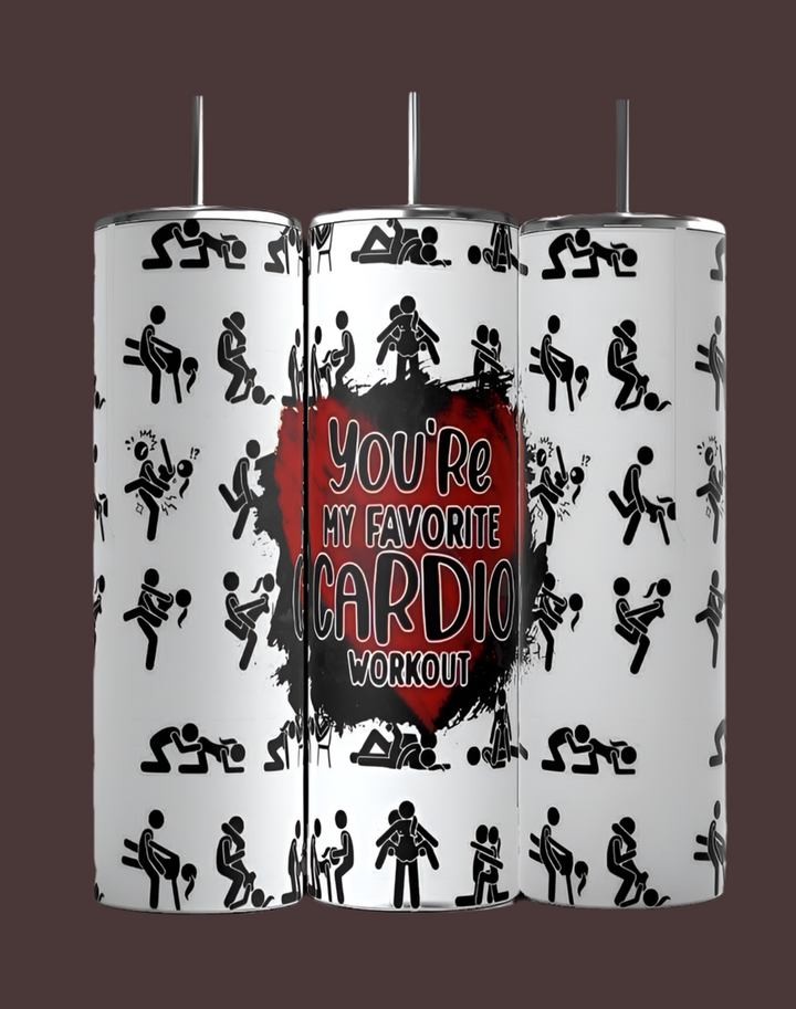 The Kreative Kreationz "You're My Favorite Cardio" 20oz Skinny Tumbler set includes three white cylindrical stainless steel tumblers displaying black stick figures in workout poses. The center tumbler features a red splash with the phrase in bold font. An eco-friendly design and dark brown background add a luxurious touch.