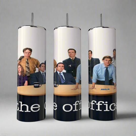 Three tall, cylindrical stainless steel tumblers from Kreative Kreationz showcase business professionals in office attire from a famous TV scene. Against a gray background, characters gaze at the camera—perfect for eco-friendly fans of "The Office." Product Name: The Office 20oz Tumbler.