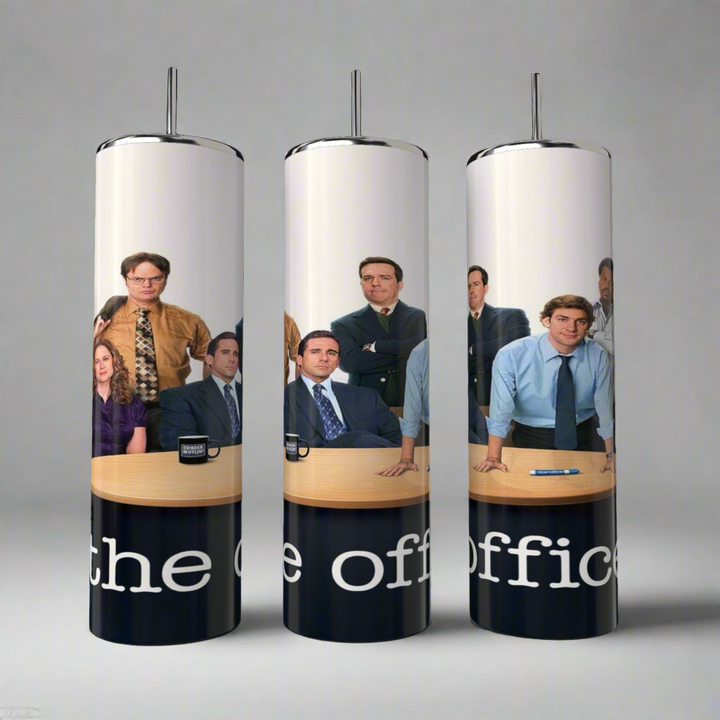Three tall, cylindrical stainless steel tumblers from Kreative Kreationz showcase business professionals in office attire from a famous TV scene. Against a gray background, characters gaze at the camera—perfect for eco-friendly fans of "The Office." Product Name: The Office 20oz Tumbler.