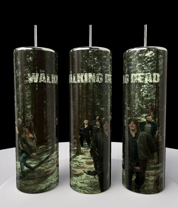 Kreative Kreationz offers a set of three 20oz stainless steel skinny tumblers featuring a forest scene and characters from The Walking Dead. Each tumbler displays part of the scene and the show's title on a dark background, creating an eco-friendly standout collection.