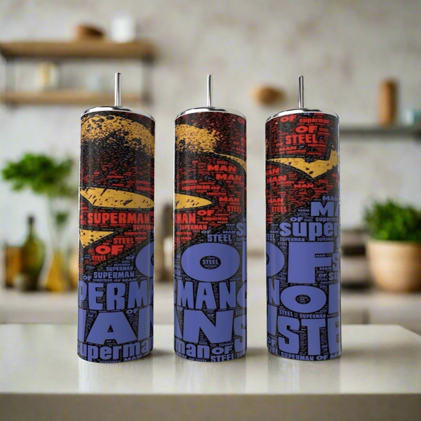Three Kreative Kreationz Superman Man of Steel 20oz Tumblers with metal straws feature vibrant designs and text, displayed on a white kitchen countertop—ideal for fans seeking stylish, reusable drinkware.