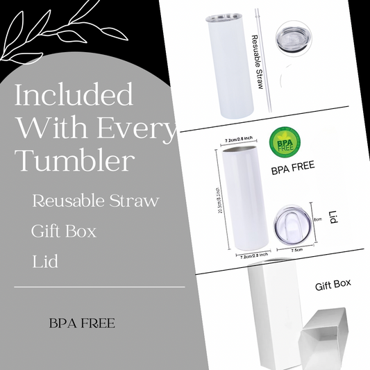 A graphic showcases the Coach Strap 20oz Tumbler by Kreative Kreationz, featuring a white stainless steel tumbler, BPA-free lid, reusable straw, product dimensions, BPA-free label, and a sleek white gift box.