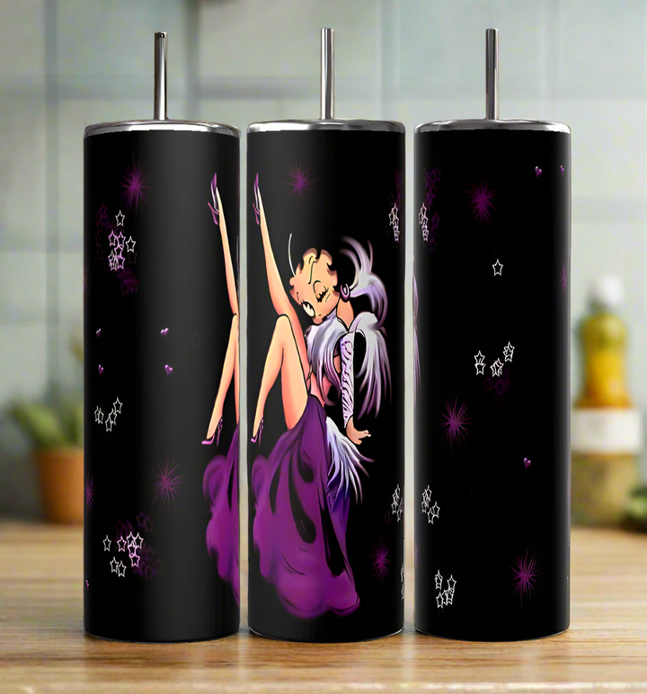 Set of three Betty B 20oz Skinny Tumblers by Kreative Kreationz—black stainless steel, eco-friendly, with purple and white stars and vintage-style art of a smiling woman in a purple dress striking a playful pose.