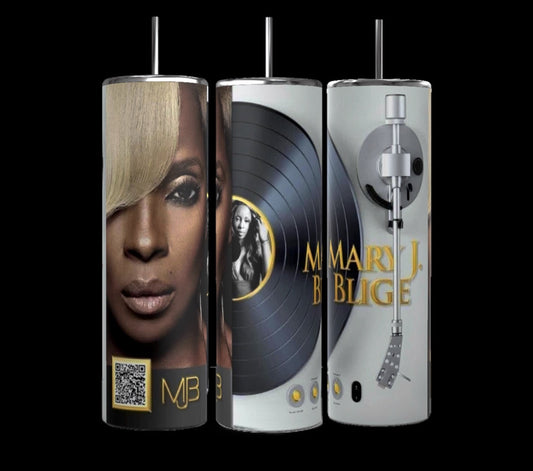 The Kreative Kreationz Mary J Blige 20oz Tumbler features a working QR code and iconic designs—her portrait, a vinyl record, and a turntable—against black stainless steel; the perfect reusable tumbler for fans.